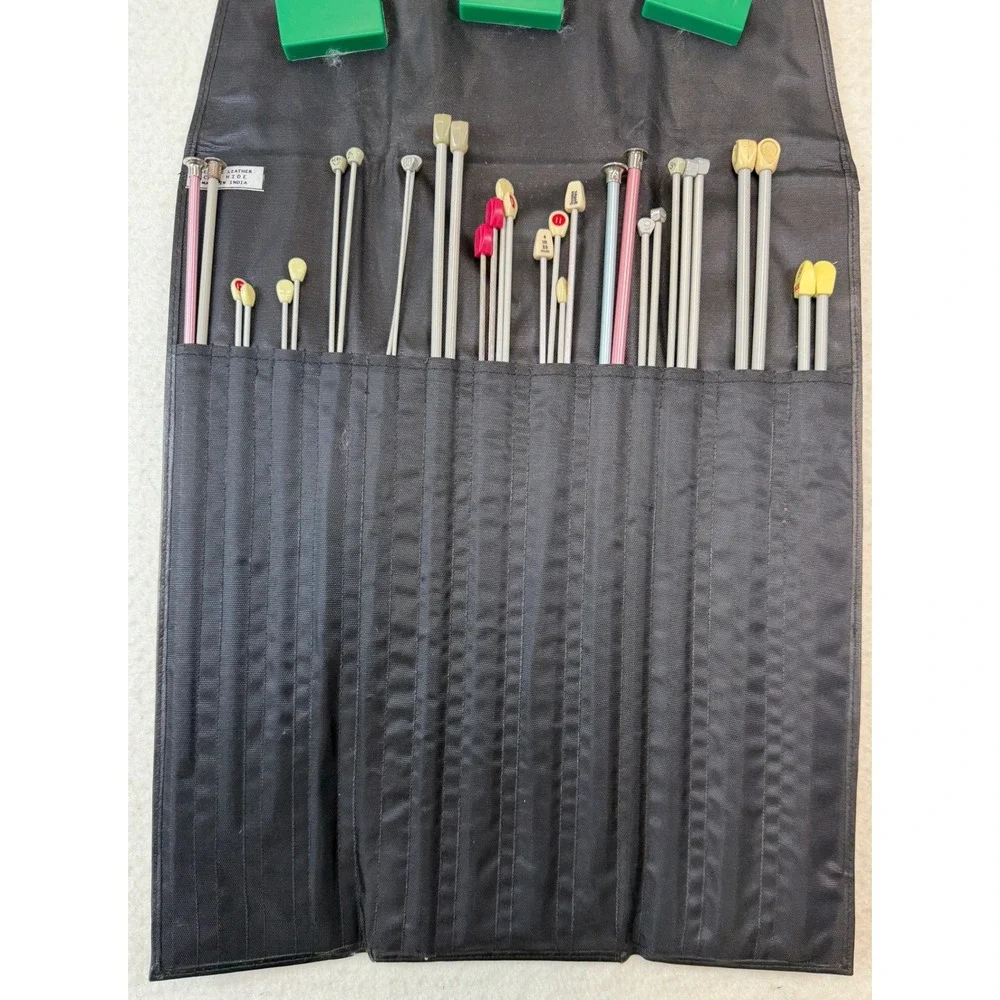Vintage Knitting Needle Set with Black Genuine Leather Roll Up Case Madein India